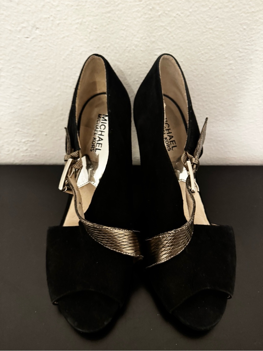 Michael Kors Black Suede Peep-Toe Heels with Gold Strap